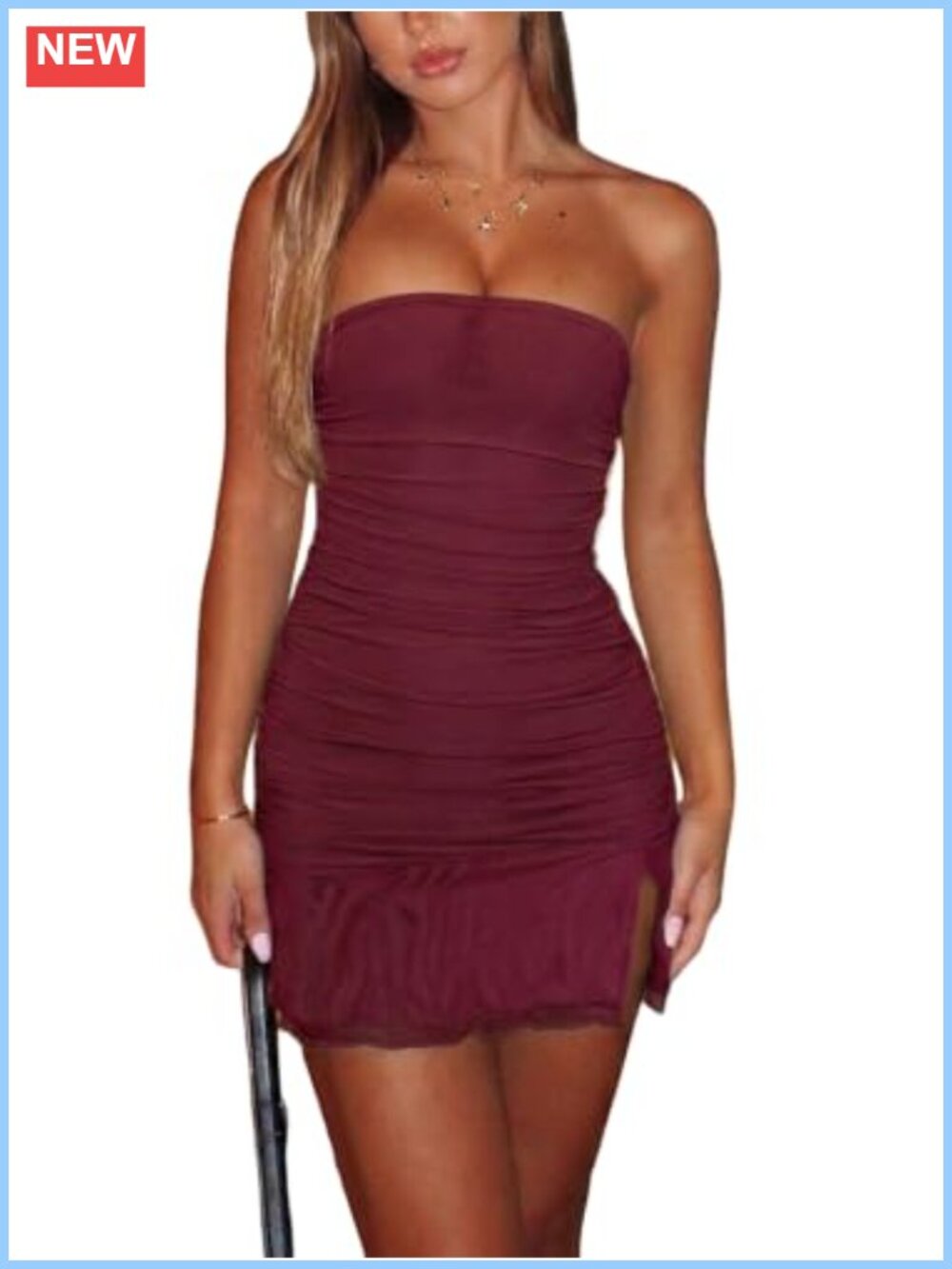 Women Strapless Tube Mini Dress Bodycon Ruched Mesh Club Party Dress